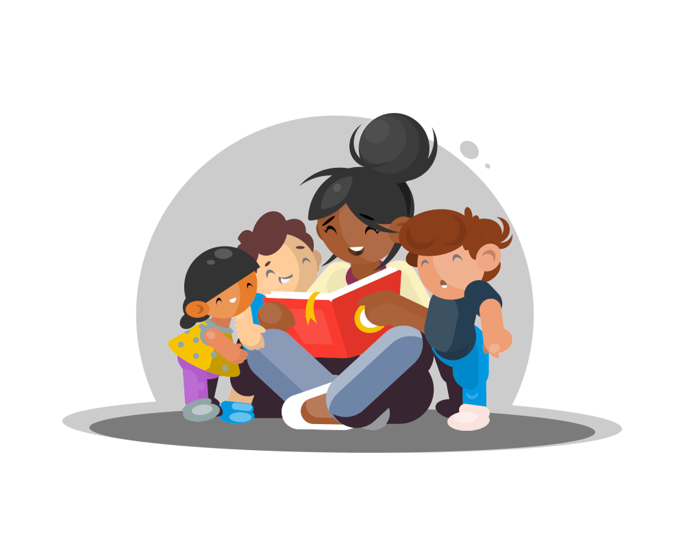 child carer reads to three children